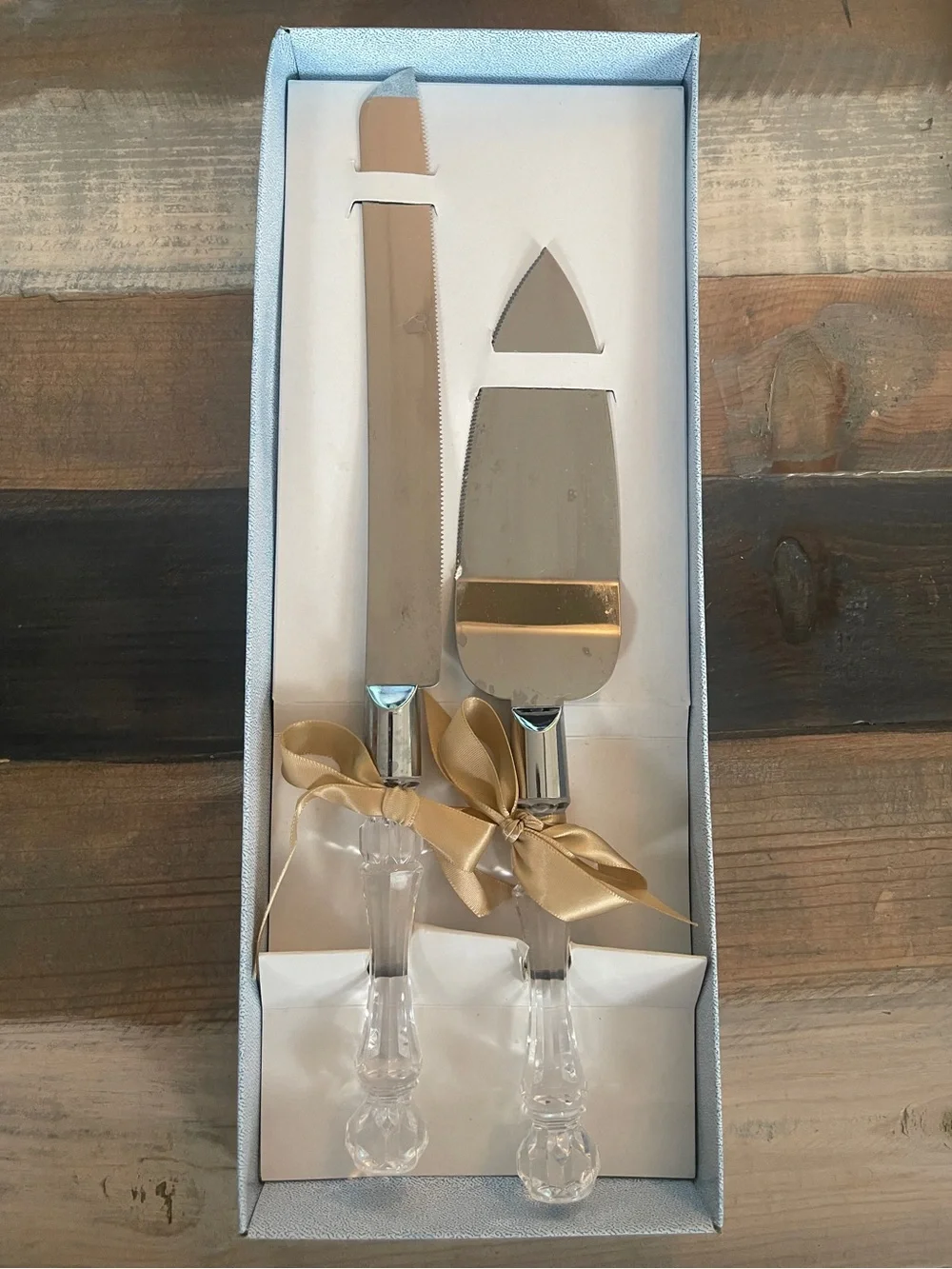 Vintage Cake Knife & Server Set Crystal Style Handles Original Box